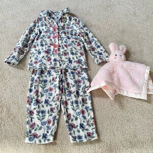 Nicole Miller Floral Print Flannel Pj's Like New Sz 24 Months + Bunny